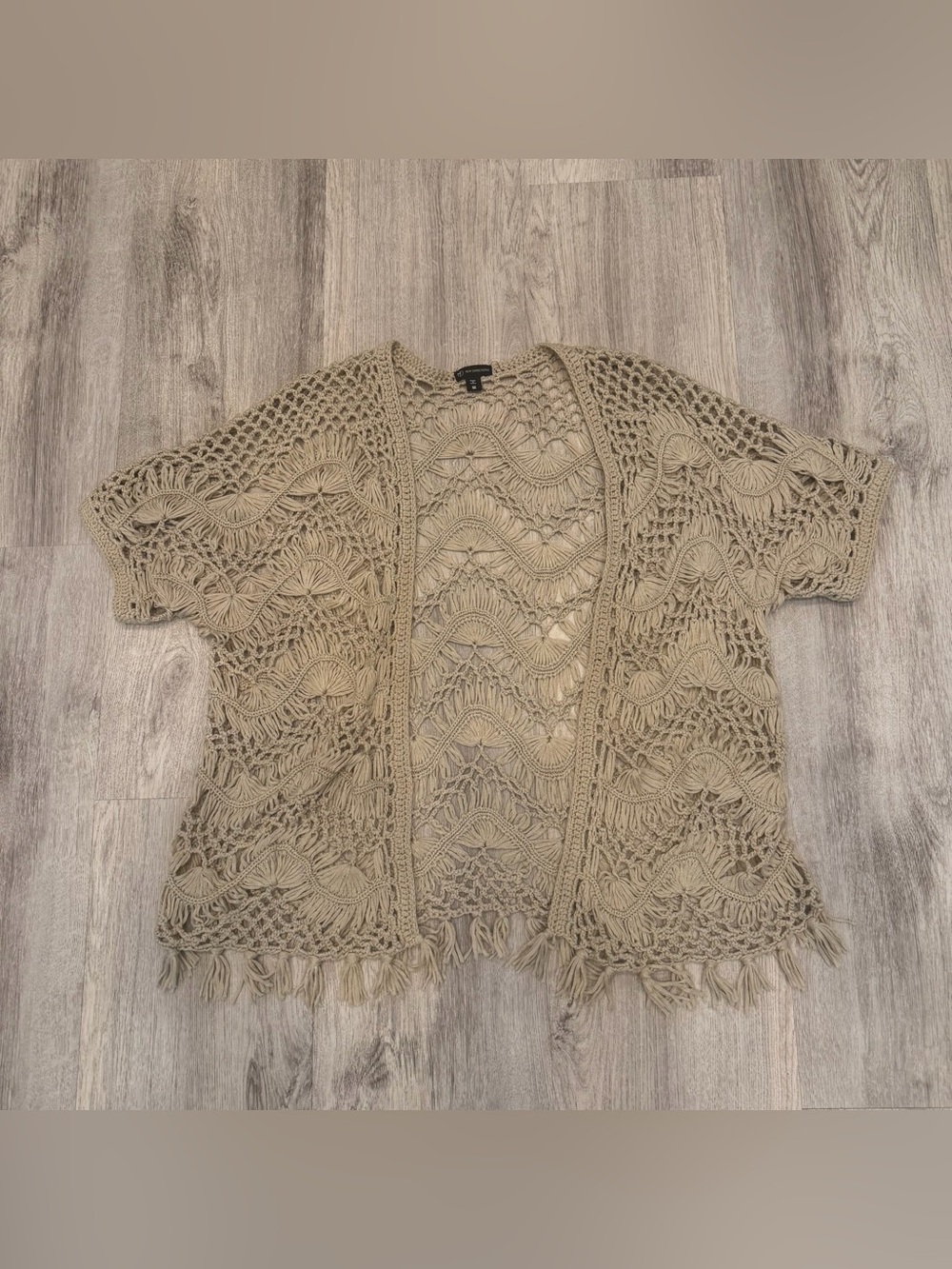 New Directions Taupe Crochet Fringe Open Front Cardigan Size M Boho